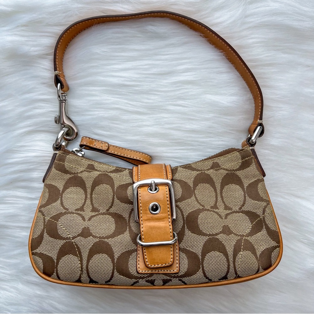 Vintage Y2K Coach Hampton Signature Beige Baguette Shoulder Bag with Flap Buckle